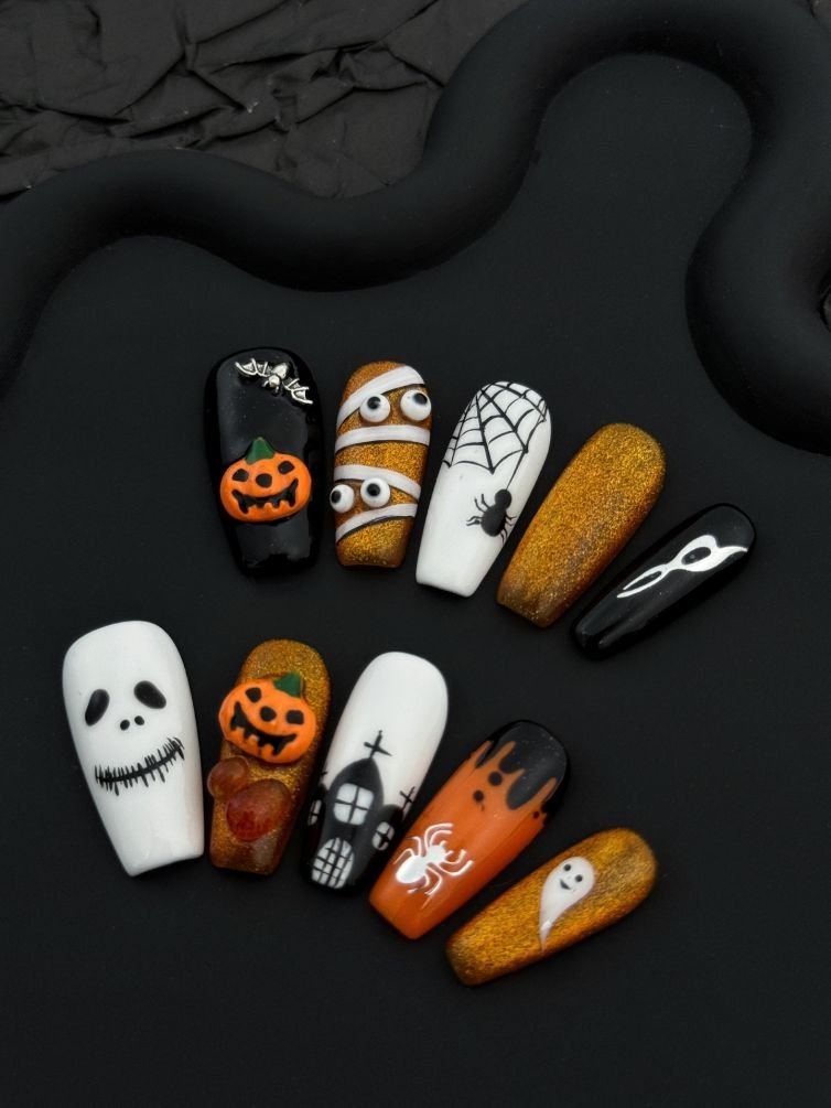 Wujasmine Press on nails Halloween pumpkin and little ghost