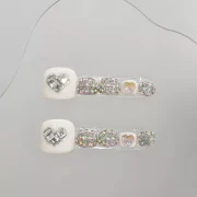 Wujasmine Press on nails Handmade foot wearable nails, white toenail with sequins, fair-skinned with rhinestones, sophisticated toenail art, new style for summer