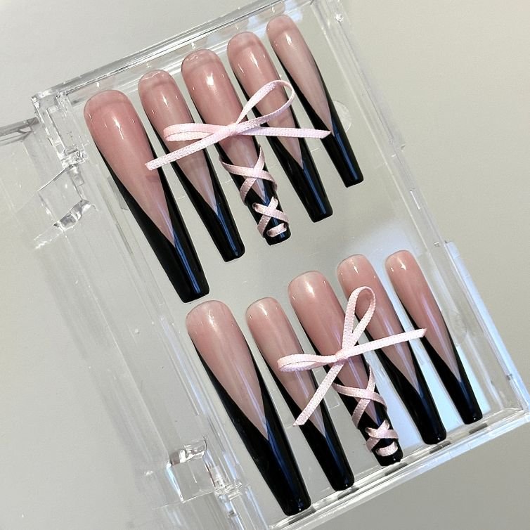 Wujasmine Press on nails 214Ballet 3Dbow Black Freach Nail Set