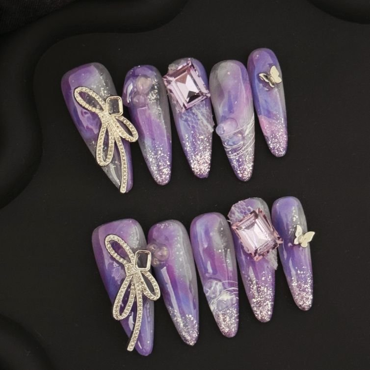 Wujasmine Press on nails Purple butterflies on dusk mountains