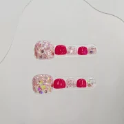 Wujasmine Press on nails cute fake nails-Red rhinestone toenail patches, fair-skinned toenail art with a sense of sophistication, pure handmade wearable nails, new style