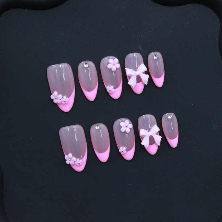 Wujasmine Press on nails- French classic bow pink almond shape